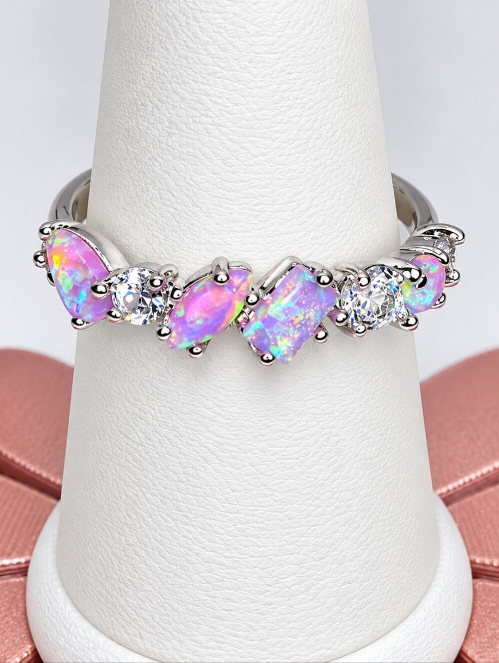 Bomb Party “Glimmer of Love” Light Pink Fire Opal Ring – Size 8